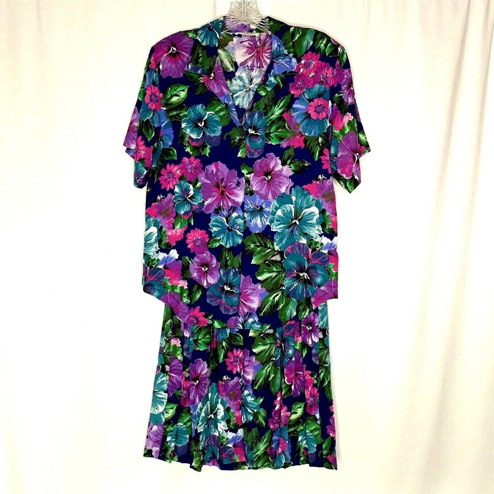 Vintage Womens Matching Top And Skirt Set Medium 8 10 Purple Floral Grannycore